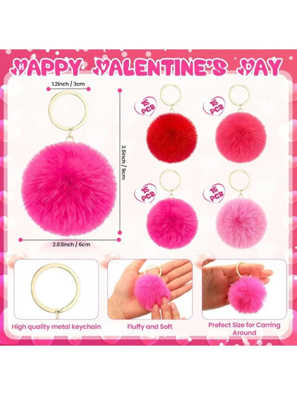 60 Pcs Pink Pom Poms Keychains - Cute Fluffy Balls for DIY Party Favors & Gifts